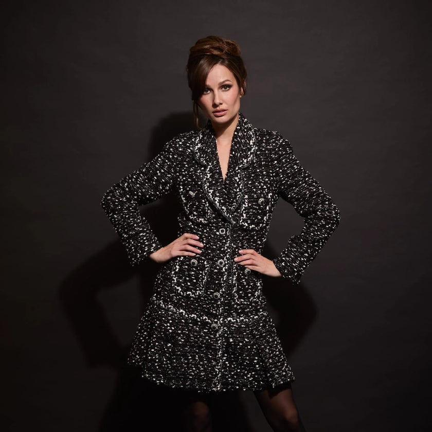 Black & White Natté Trimmed Dress w/ Jewel Buttons
