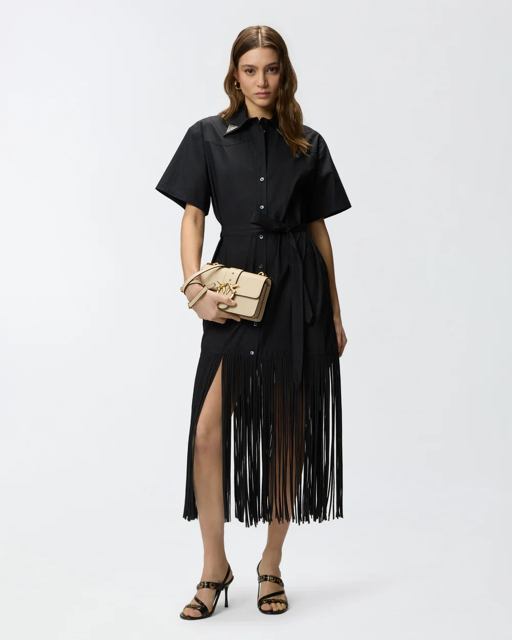 PINKO- Long Shirt Dress w/ Fringing & Metallic Details - Edit by Elaine Turner
