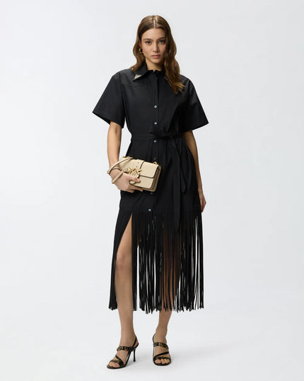 PINKO- Long Shirt Dress w/ Fringing & Metallic Details