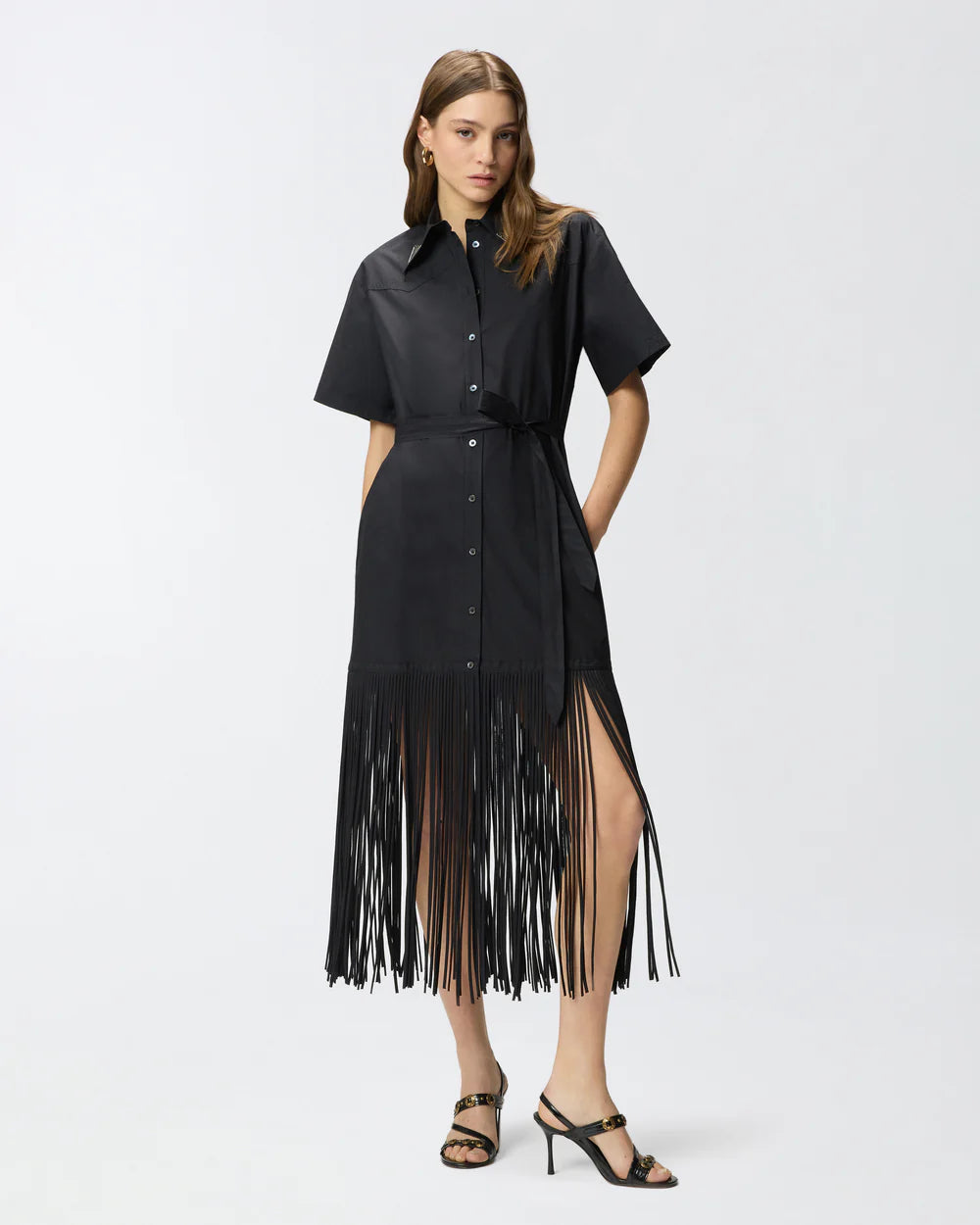 PINKO- Long Shirt Dress w/ Fringing & Metallic Details - Edit by Elaine Turner