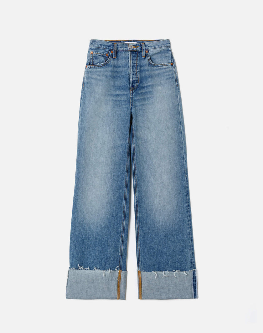 High Rise Wide Leg Cuff Denim Jeans- Vintage Biker Blue