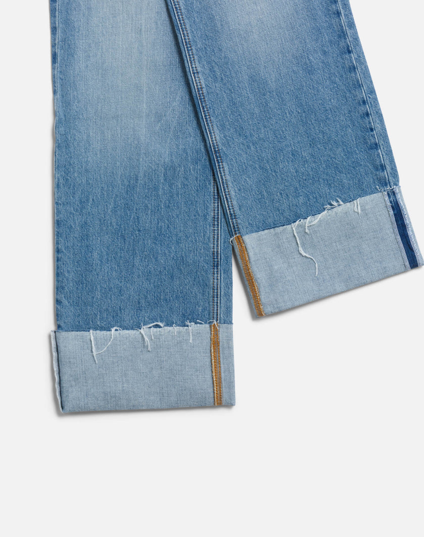 High Rise Wide Leg Cuff Denim Jeans- Vintage Biker Blue