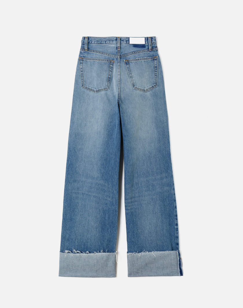 High Rise Wide Leg Cuff Denim Jeans- Vintage Biker Blue