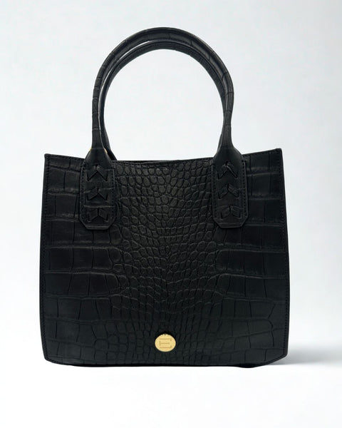 Mauney Satchel Bag- Black Embossed Croc