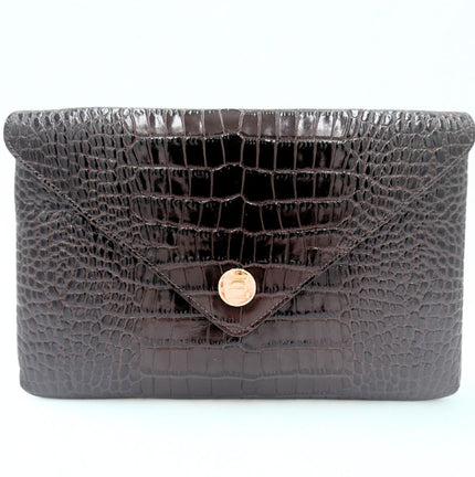 Black Embossed Croc textured Elaine Turner clutch handbag with a gold clasp on a white background