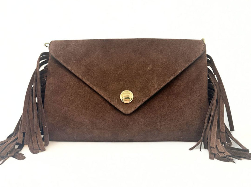 Brown suede Elaine Turner Bella clutch handbag with fringe on a white background