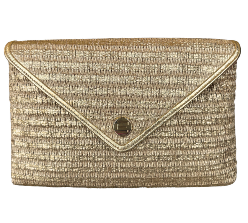 Gold Raffia textured Elaine Turrner Bella clutch bag on a white background
