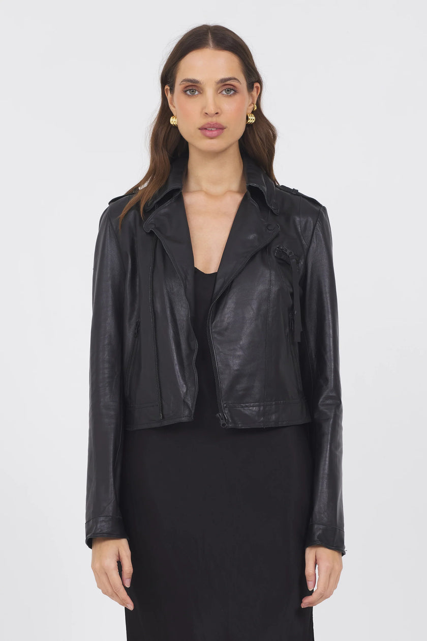 Tina Fringe Leather Jacket- Black