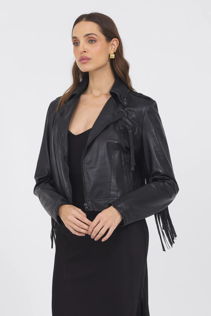 Tina Fringe Leather Jacket- Black