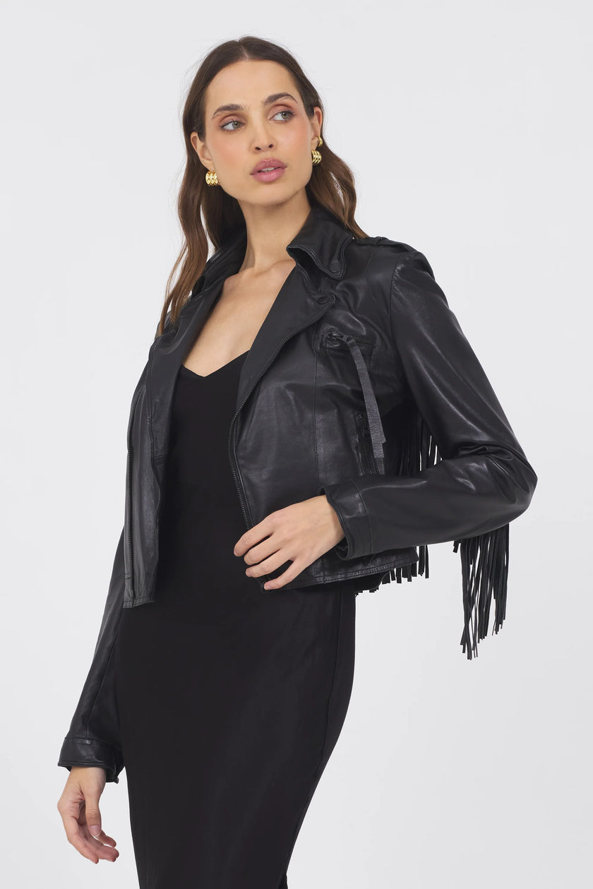 Tina Fringe Leather Jacket- Black