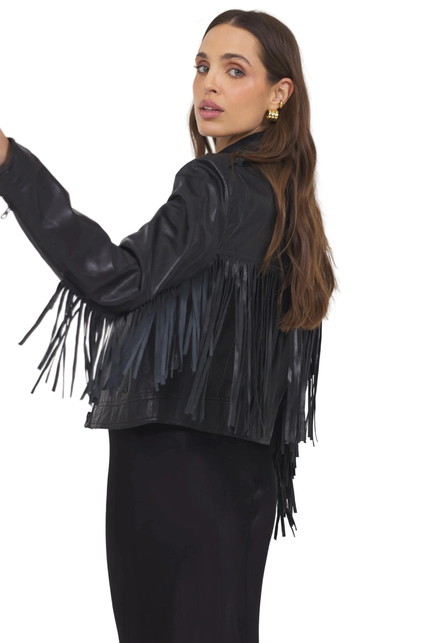 Tina Fringe Leather Jacket- Black