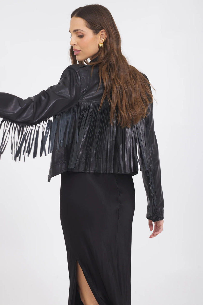 Tina Fringe Leather Jacket- Black