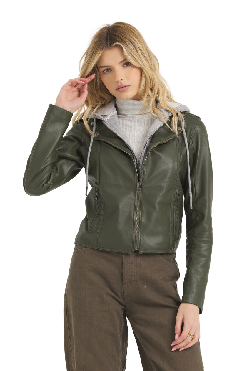 Molly Burnished Leather Jacket- Thyme