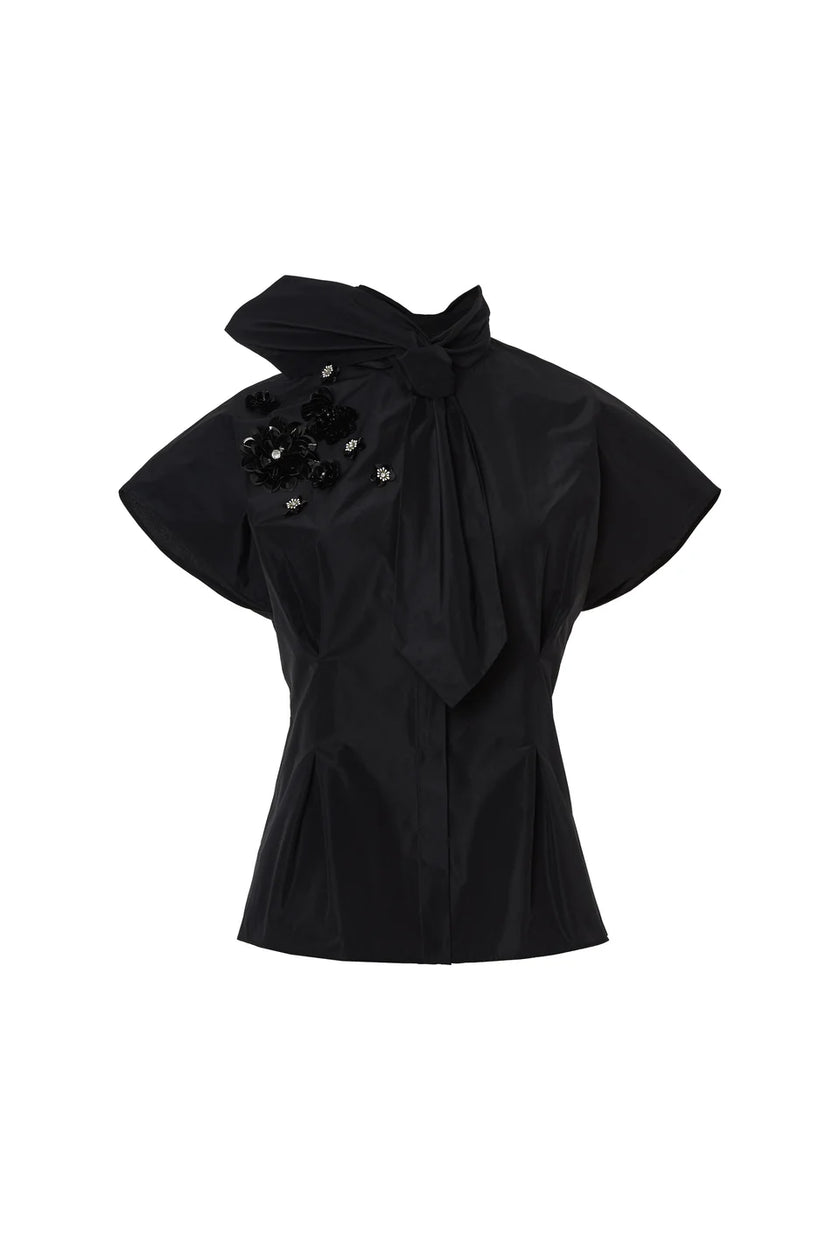 Cropped Fitted Shirt with Ring Collar & Sequin Floral Detail