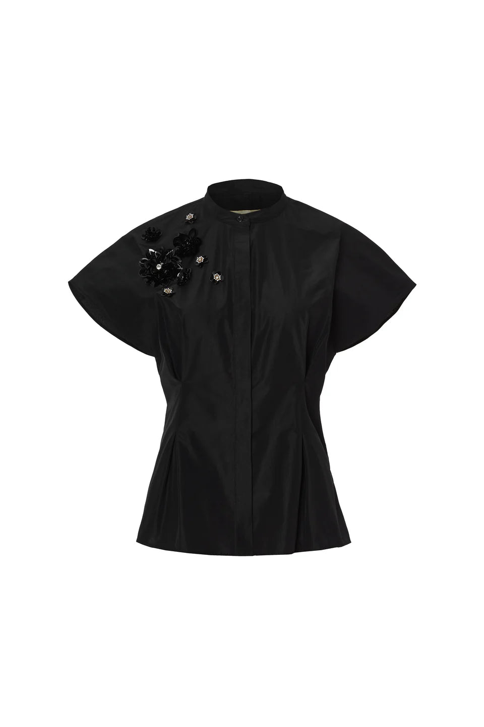 Cropped Fitted Shirt with Ring Collar & Sequin Floral Detail