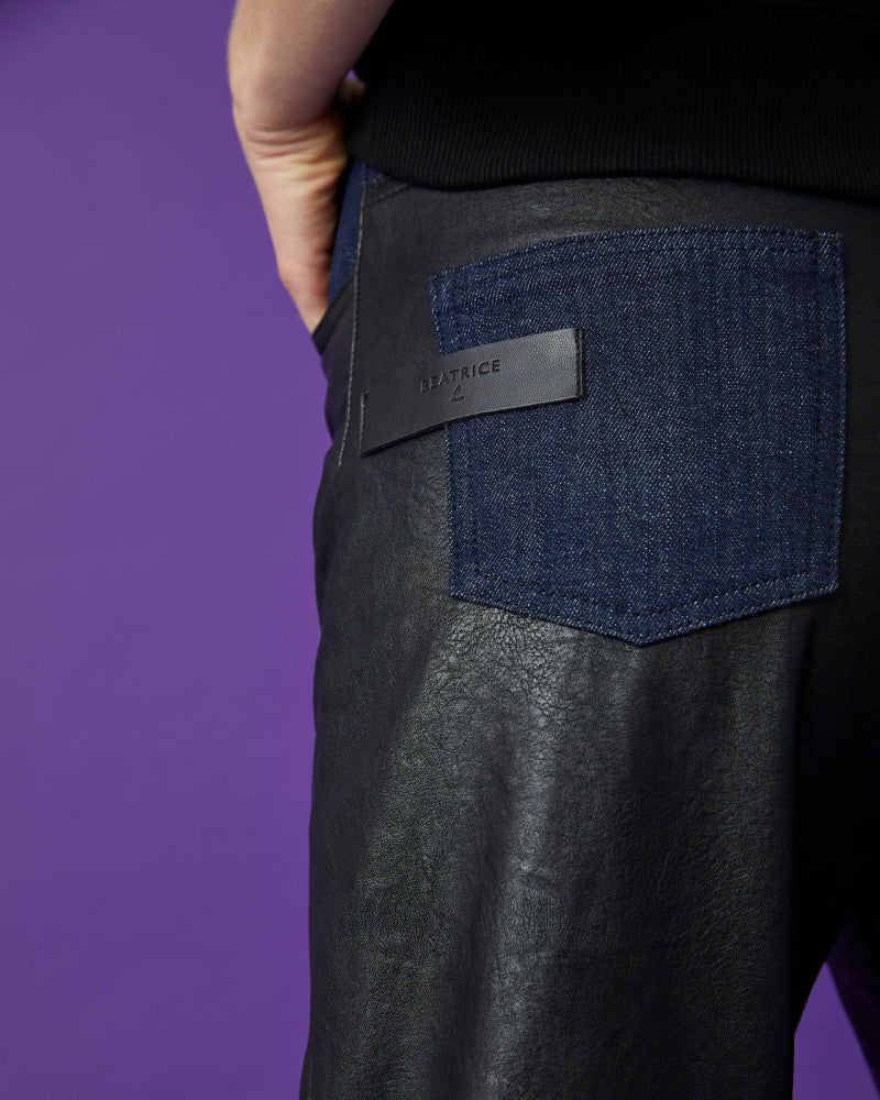 Faux Leather Trousers w/ Denim Detail