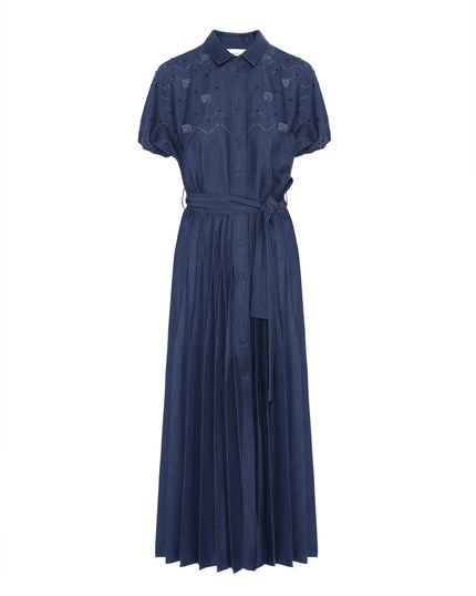 Hand-Embroidered Pleated Denim Dress