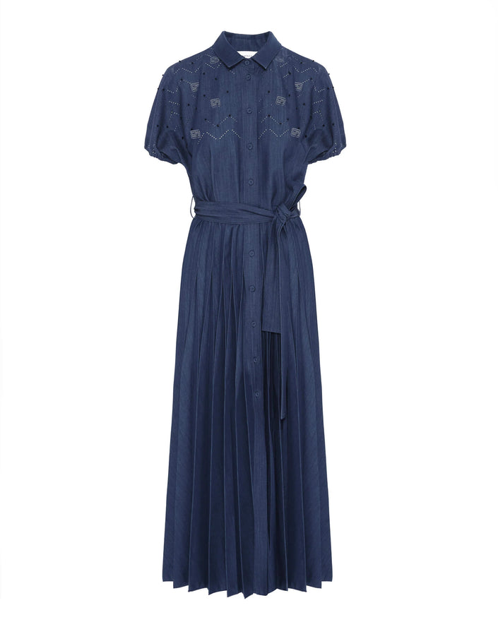 Hand-Embroidered Pleated Denim Dress