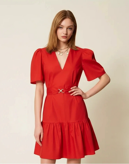 Twinset- Lipstick Red Short Poplin Dress