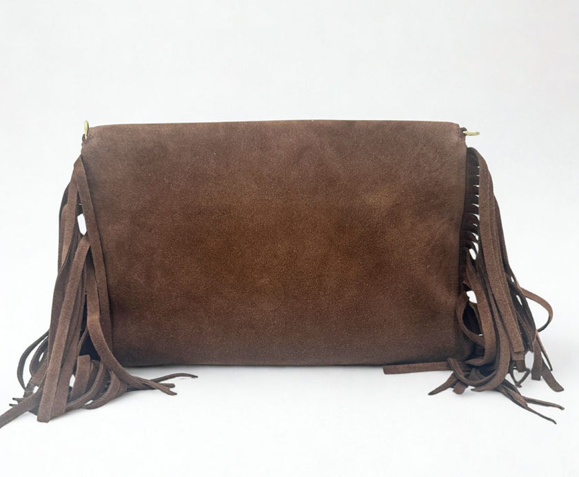 Brown suede Elaine Turner Bella handbag with fringe details on a white background