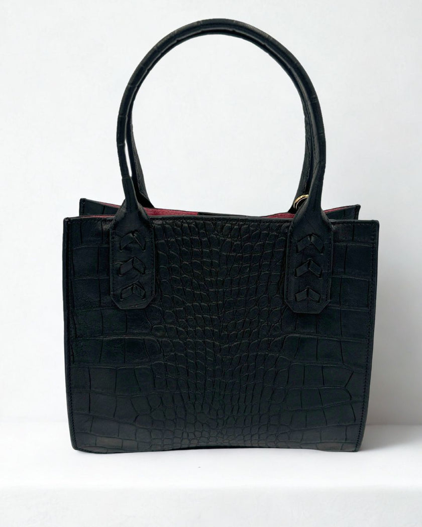 Mauney Satchel Bag- Black Embossed Croc