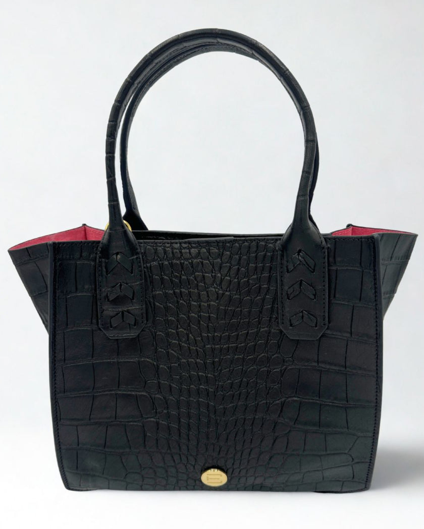 Elaine Turner Mauney Satchel Bag in black Embossed croc with signature pink suede lining on aa gray background