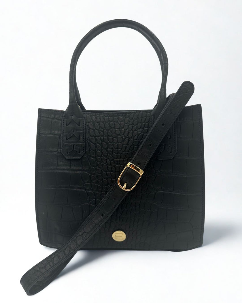 Mauney Satchel Bag- Black Embossed Croc