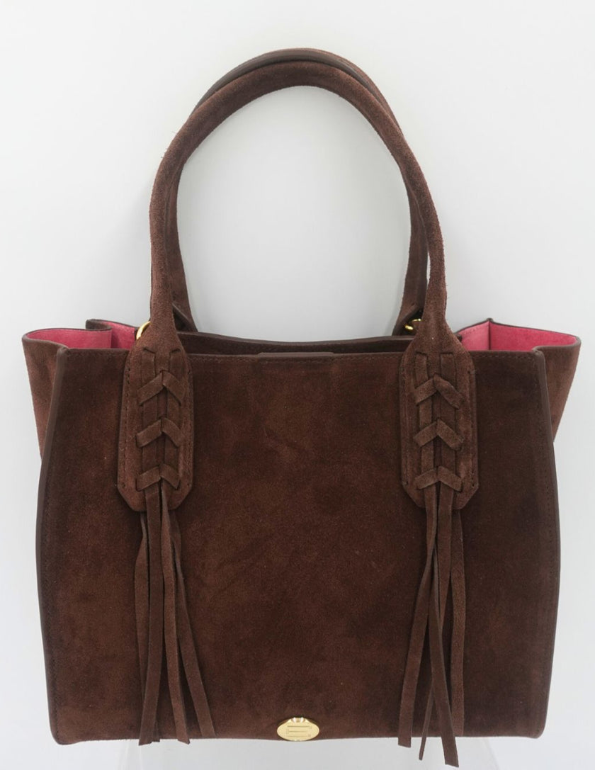 Elaine Turner Mauney Satchel Handbag in Chocolate Brown Suede with Fringe and and braided detail. Signature pink suede lining. Gray background. 