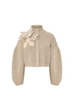 Funnel Neck Cardigan with Bishop Sleeves and Knit Floral Detail
