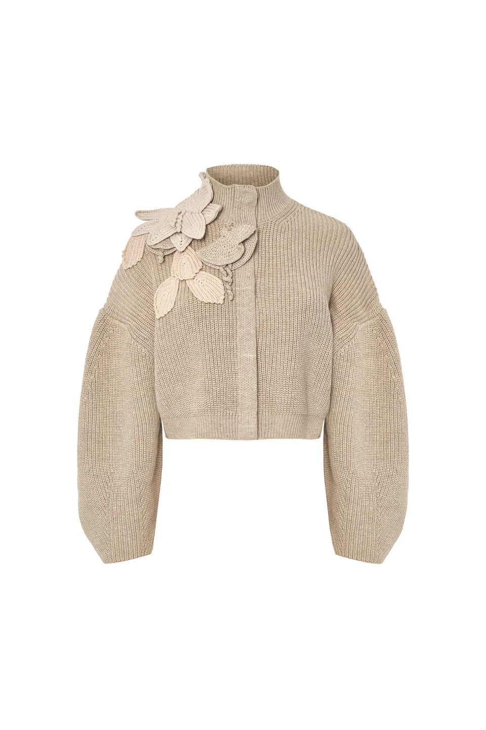 Funnel Neck Cardigan with Bishop Sleeves and Knit Floral Detail