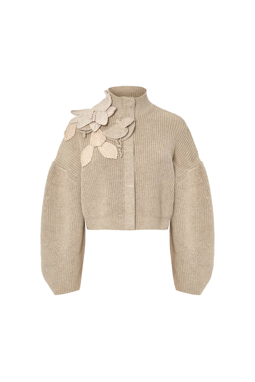 Funnel Neck Cardigan with Bishop Sleeves and Knit Floral Detail