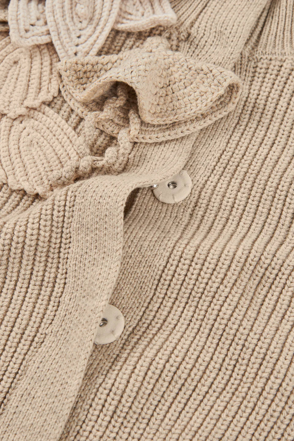 Funnel Neck Cardigan with Bishop Sleeves and Knit Floral Detail
