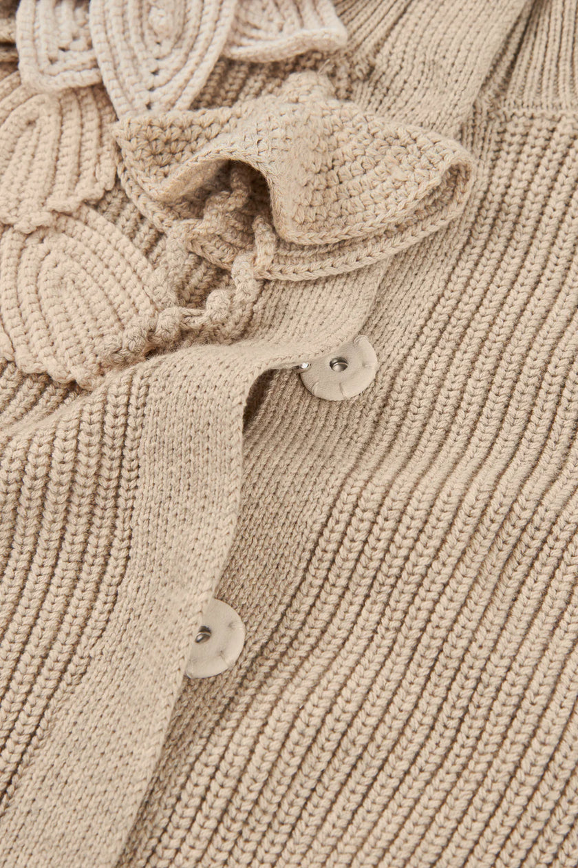 Funnel Neck Cardigan with Bishop Sleeves and Knit Floral Detail