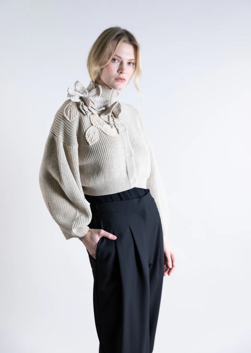 Funnel Neck Cardigan with Bishop Sleeves and Knit Floral Detail