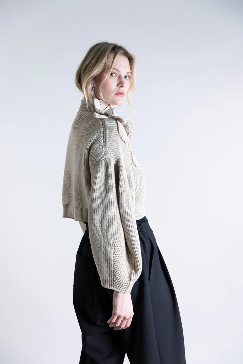 Funnel Neck Cardigan with Bishop Sleeves and Knit Floral Detail