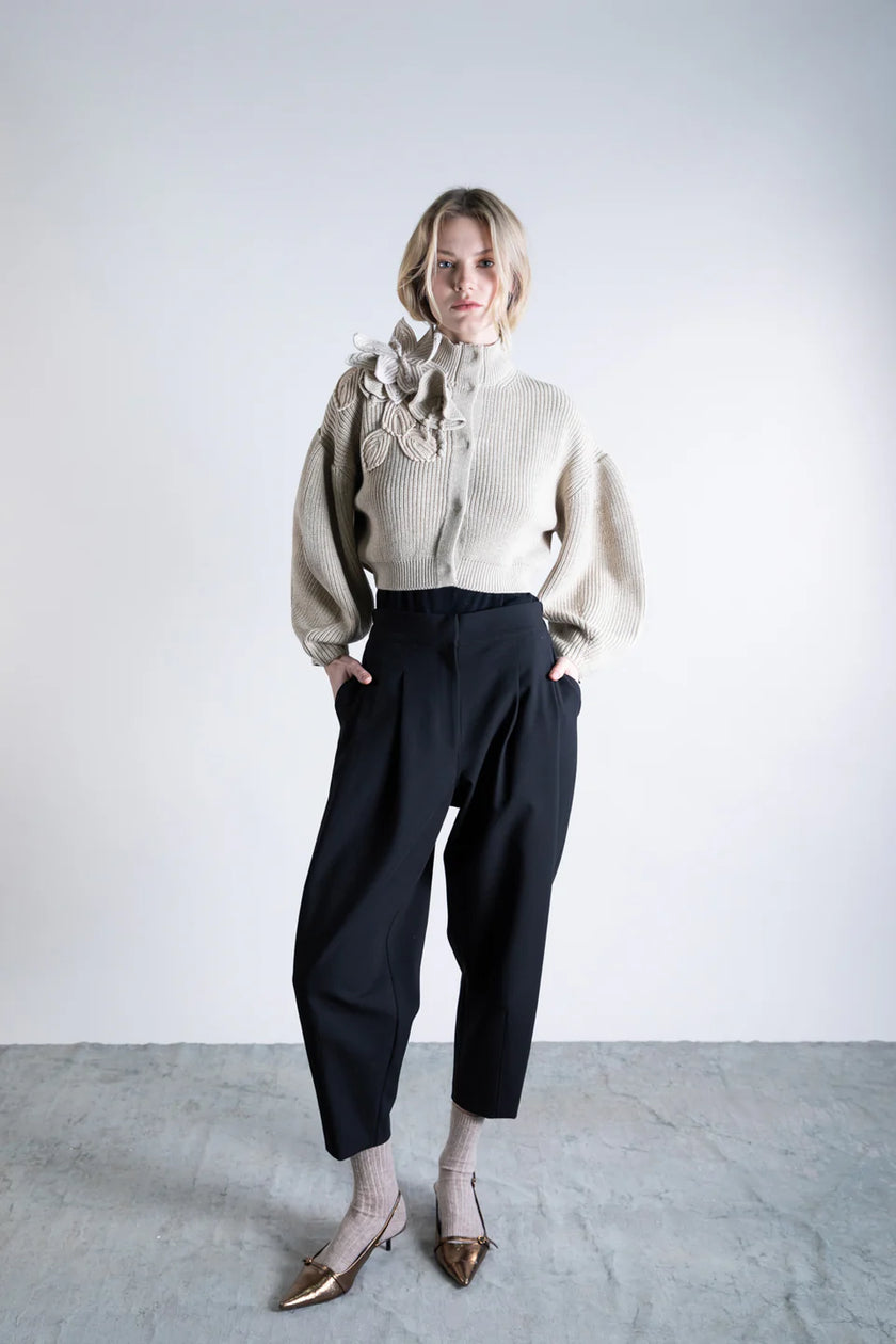 Funnel Neck Cardigan with Bishop Sleeves and Knit Floral Detail