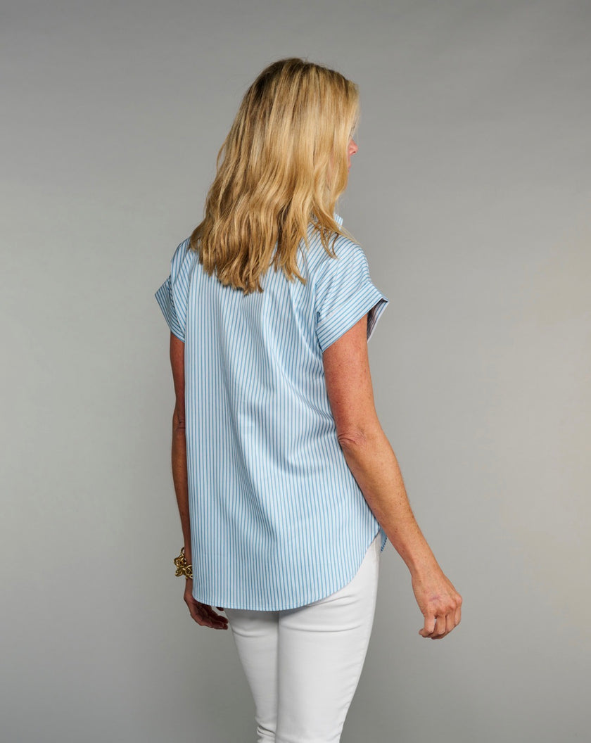 The Cap Sleeve League Blouse- Sea Glass Stripe