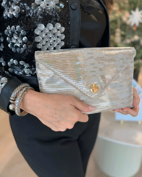 Bella Clutch- Metallic Champagne Lizard