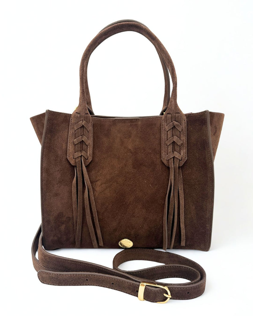 Mauney Satchel Bag- Brown Suede Fringe