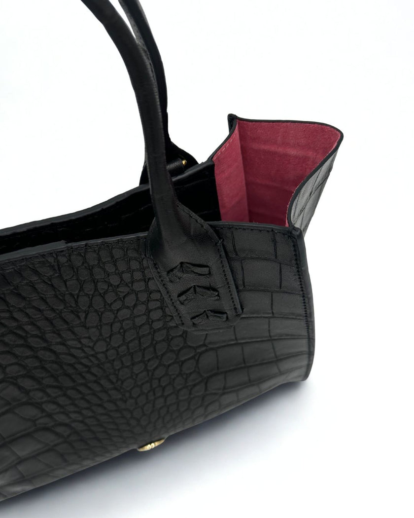 Mauney Satchel Bag- Black Embossed Croc