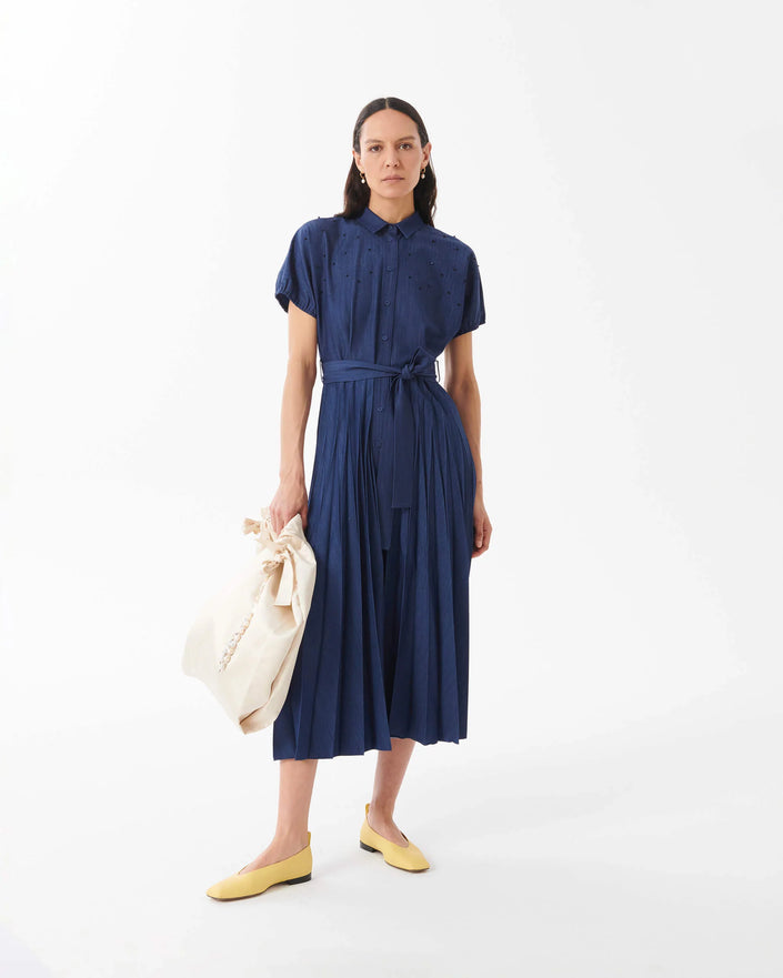 Hand-Embroidered Pleated Denim Dress