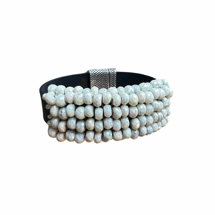 White Silverite and Antique Black Leather Bracelet