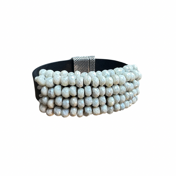White Silverite and Antique Black Leather Bracelet - Edit by Elaine Turner