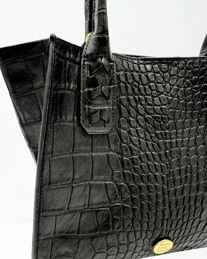 Mauney Satchel Bag- Black Embossed Croc