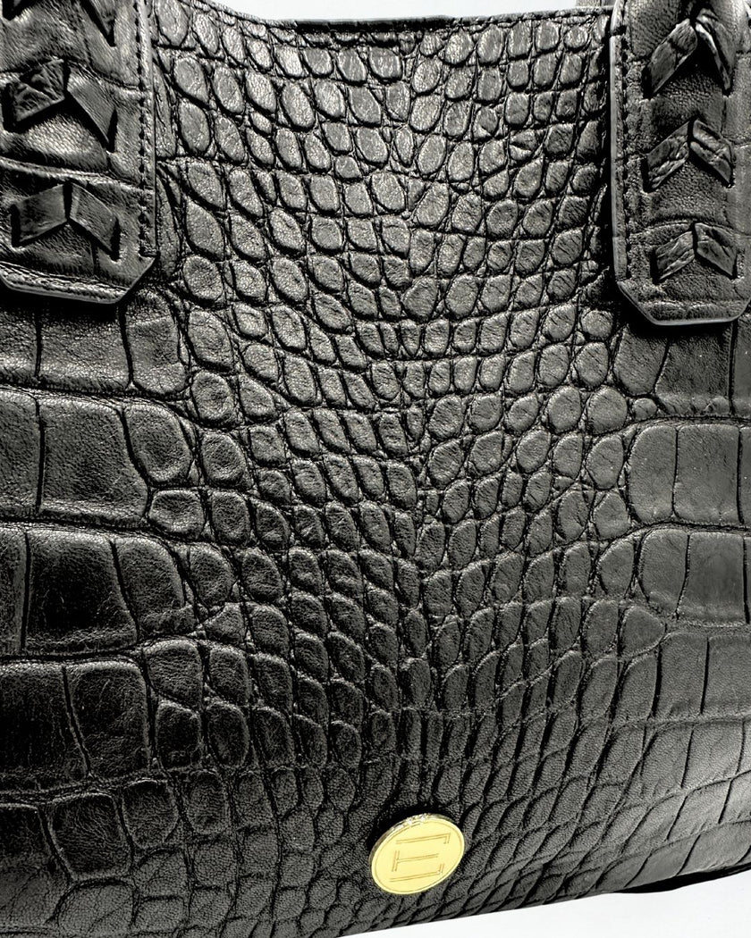 Mauney Satchel Bag- Black Embossed Croc