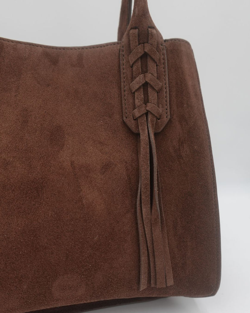Mauney Satchel Bag- Brown Suede Fringe
