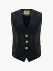 ACARIA STUDIO Ancient Poem Leather Vest in black. Available at Edit by Elaine Turner in Houston, TX. Flat lay view. 