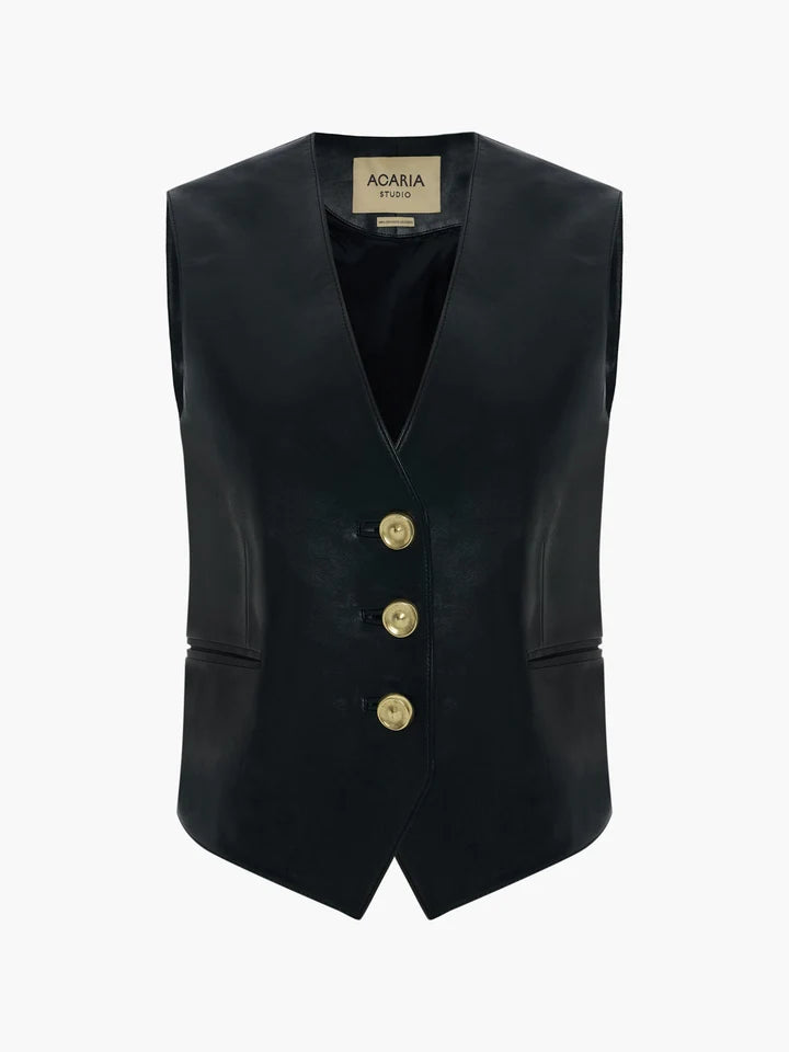 ACARIA STUDIO Ancient Poem Leather Vest in black. Available at Edit by Elaine Turner in Houston, TX. Flat lay view. 