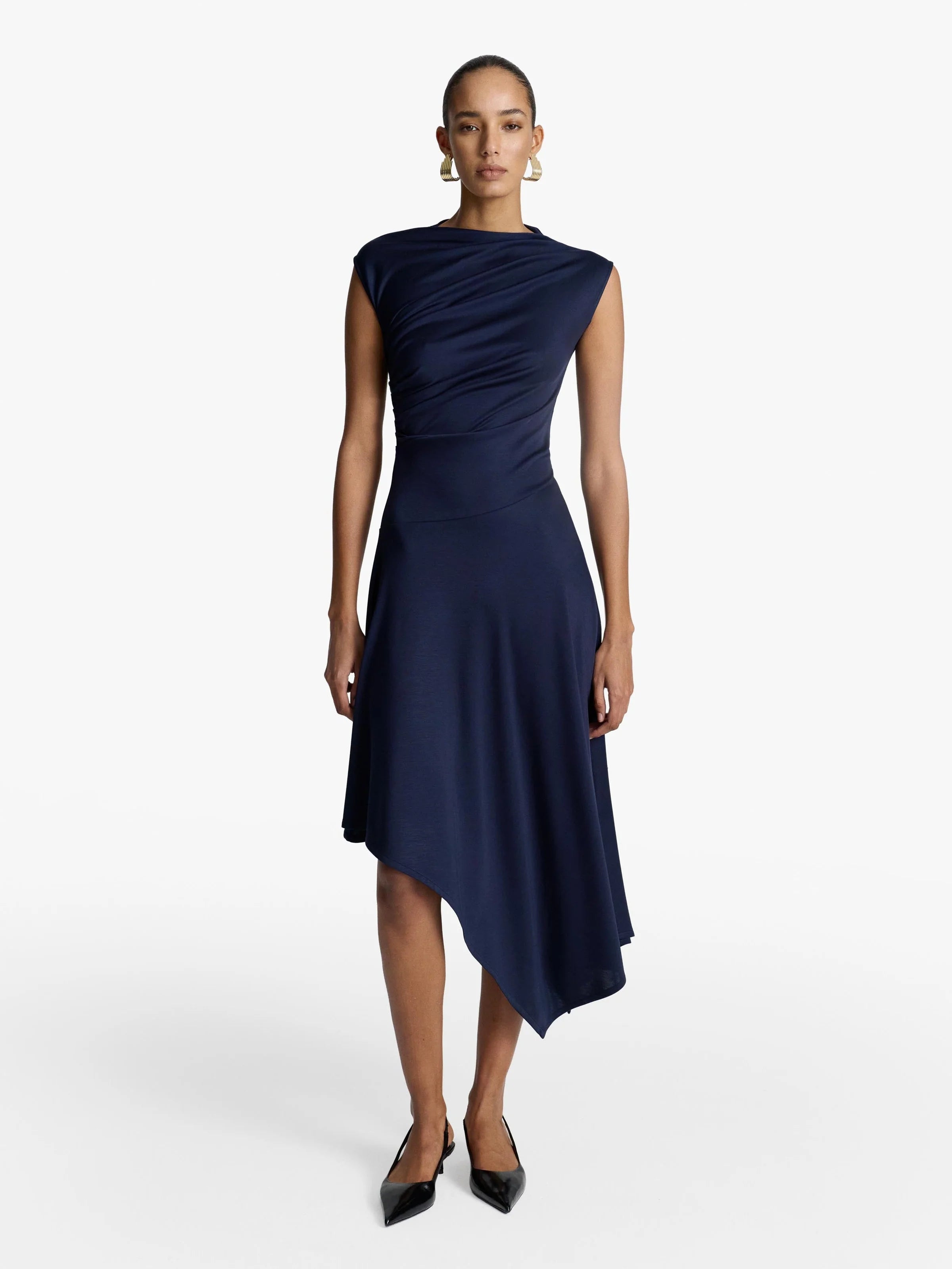 Acaria Studio - Blossom Dress in navy. Available at Edit by Elaine Turner in Houston, TX. Front model view. 