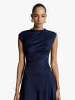 Acaria Studio - Blossom Dress in navy. Available at Edit by Elaine Turner in Houston, TX. Close up model view. 
